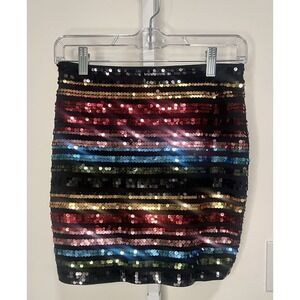 Express SZ XS NWT Sequin Striped Mini Skirt in Rainbow